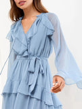 V Neck Ruffle Bell Sleeve Slim Dress_CWDSD11549