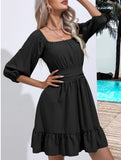 Women's square neckline ruffled tie-up short dress_CWDSD11560