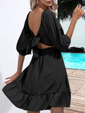Women's square neckline ruffled tie-up short dress_CWDSD11560