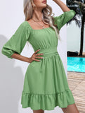 Women's square neckline ruffled tie-up short dress_CWDSD11560