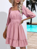 Women's square neckline ruffled tie-up short dress_CWDSD11560