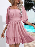 Women's square neckline ruffled tie-up short dress_CWDSD11560
