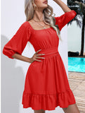 Women's square neckline ruffled tie-up short dress_CWDSD11560