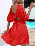 Women's square neckline ruffled tie-up short dress_CWDSD11560