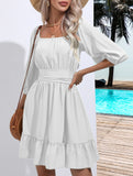 Women's square neckline ruffled tie-up short dress_CWDSD11560