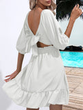 Women's square neckline ruffled tie-up short dress_CWDSD11560