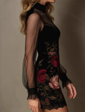 Lace Patchwork Printed Mesh Bodycon Dress_CWDSD11592