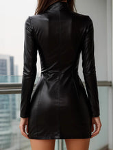 PU Leather Glossy Long Sleeve Bodycon Dress_CWDSD11596