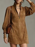 Solid Zip Mock Neck Long Sleeve Dress_CWDSD11603