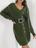 Drawstring V-neck loose knit sweater dress for women_CWDSD11611