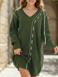 Drawstring V-neck loose knit sweater dress for women_CWDSD11611