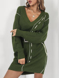 Drawstring V-neck loose knit sweater dress for women_CWDSD11611