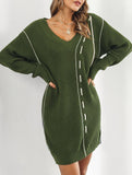 Drawstring V-neck loose knit sweater dress for women_CWDSD11611