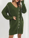 Drawstring V-neck loose knit sweater dress for women_CWDSD11611