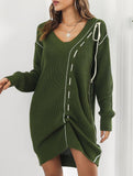 Drawstring V-neck loose knit sweater dress for women_CWDSD11611