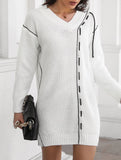 Drawstring V-neck loose knit sweater dress for women_CWDSD11611