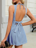 Backless slimming tie-waist denim dress for women