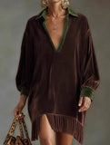 Color-blocked loose-fitting tassel dress for women_CWDSD11615