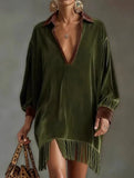 Color-blocked loose-fitting tassel dress for women_CWDSD11615
