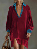Color-blocked loose-fitting tassel dress for women_CWDSD11615