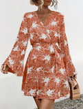 V Neck Bell Sleeve Printed Midi Dress_CWDSD11620