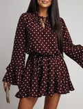 Polka Dot V Neck Long Sleeve Midi Dress_CWDSD11627