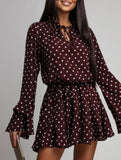Polka Dot V Neck Long Sleeve Midi Dress_CWDSD11627