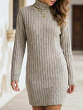 Stylish brushed striped turtleneck long-sleeved dress_CWDSD11629