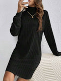 Stylish brushed striped turtleneck long-sleeved dress_CWDSD11629
