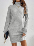 Stylish brushed striped turtleneck long-sleeved dress_CWDSD11629