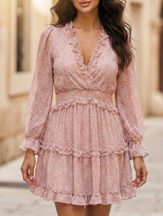V-neck fitted waist puff sleeve chiffon dress