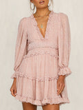 V-neck fitted waist puff sleeve chiffon dress