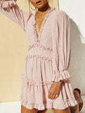 V-neck fitted waist puff sleeve chiffon dress