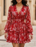 V-neck fitted waist puff sleeve chiffon dress