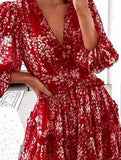 V-neck fitted waist puff sleeve chiffon dress