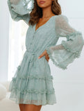 Lace-trimmed, belted, fitted chiffon dress for women