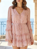 Lace-trimmed, belted, fitted chiffon dress for women