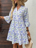 Floral V Neck Bell Sleeve Loose Dress