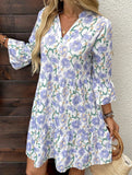 Floral V Neck Bell Sleeve Loose Dress