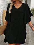 Solid Loose Ruffle V Neck Flowy Dress