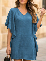 Solid Loose Ruffle V Neck Flowy Dress