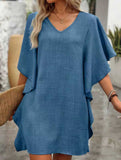 Solid Loose Ruffle V Neck Flowy Dress