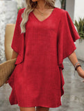 Solid Loose Ruffle V Neck Flowy Dress