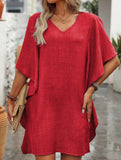 Solid Loose Ruffle V Neck Flowy Dress