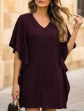 Solid Loose Ruffle V Neck Flowy Dress