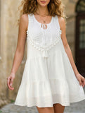 Boho White Tassel V Neck Beach Dress