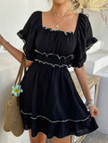 French Square Neck Ruffle A Line Dress