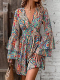 Floral V Neck Bell Sleeve Dress