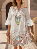 V Neck Lace Patch Print Dress