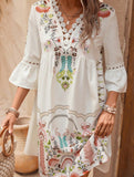V Neck Lace Patch Print Dress